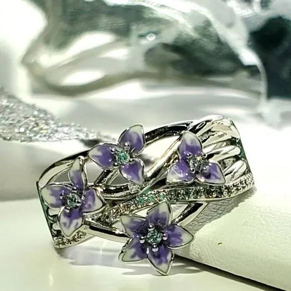 Violet (Purple) Flower Clear White Diamond Ring on 925 Sterling